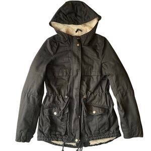 H&M Divided Women Parka Coat size 0 US Faux Fur Lining Full Zip Hooded Black